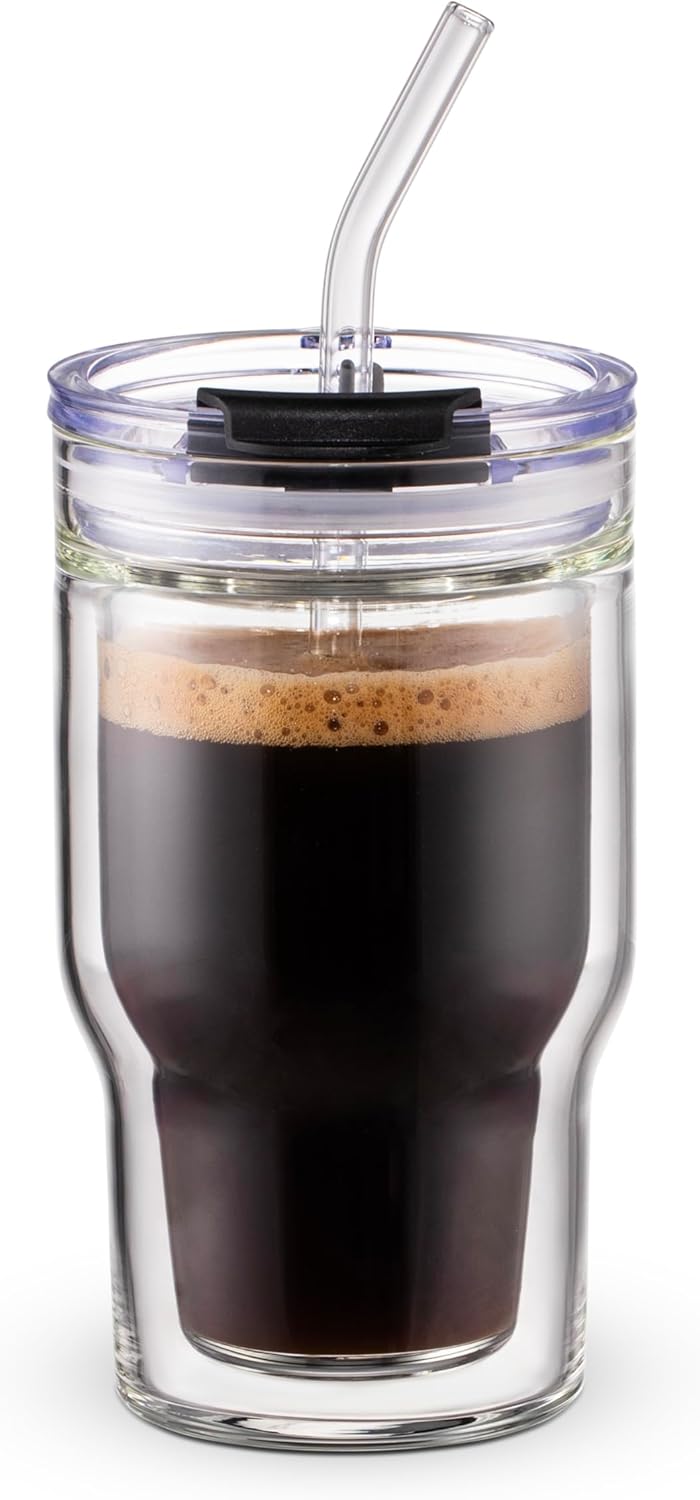 BLUEPOLAR Double Walled Glass Espresso Cups, Insulated Coffee Mug with Straw and Lid - 12oz/350ml Reusable Tumbler for Hot/Cold Drinks, Smoothie, Latte, Matcha, Car & Travel
