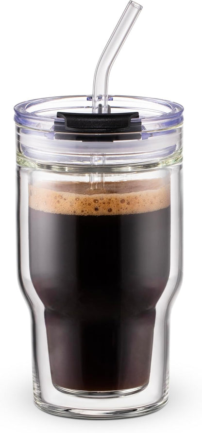 BLUEPOLAR Double Walled Glass Espresso Cups, Insulated Coffee Mug with Straw and Lid - 12oz/350ml Reusable Tumbler for Hot/Cold Drinks, Smoothie, Latte, Matcha, Car & Travel
