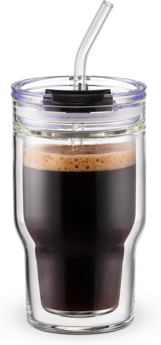 BLUEPOLAR Double Walled Glass Espresso Cups, Insulated Coffee Mug with Straw and Lid - 12oz/350ml Reusable Tumbler for Hot/Cold Drinks, Smoothie, Latte, Matcha, Car & Travel