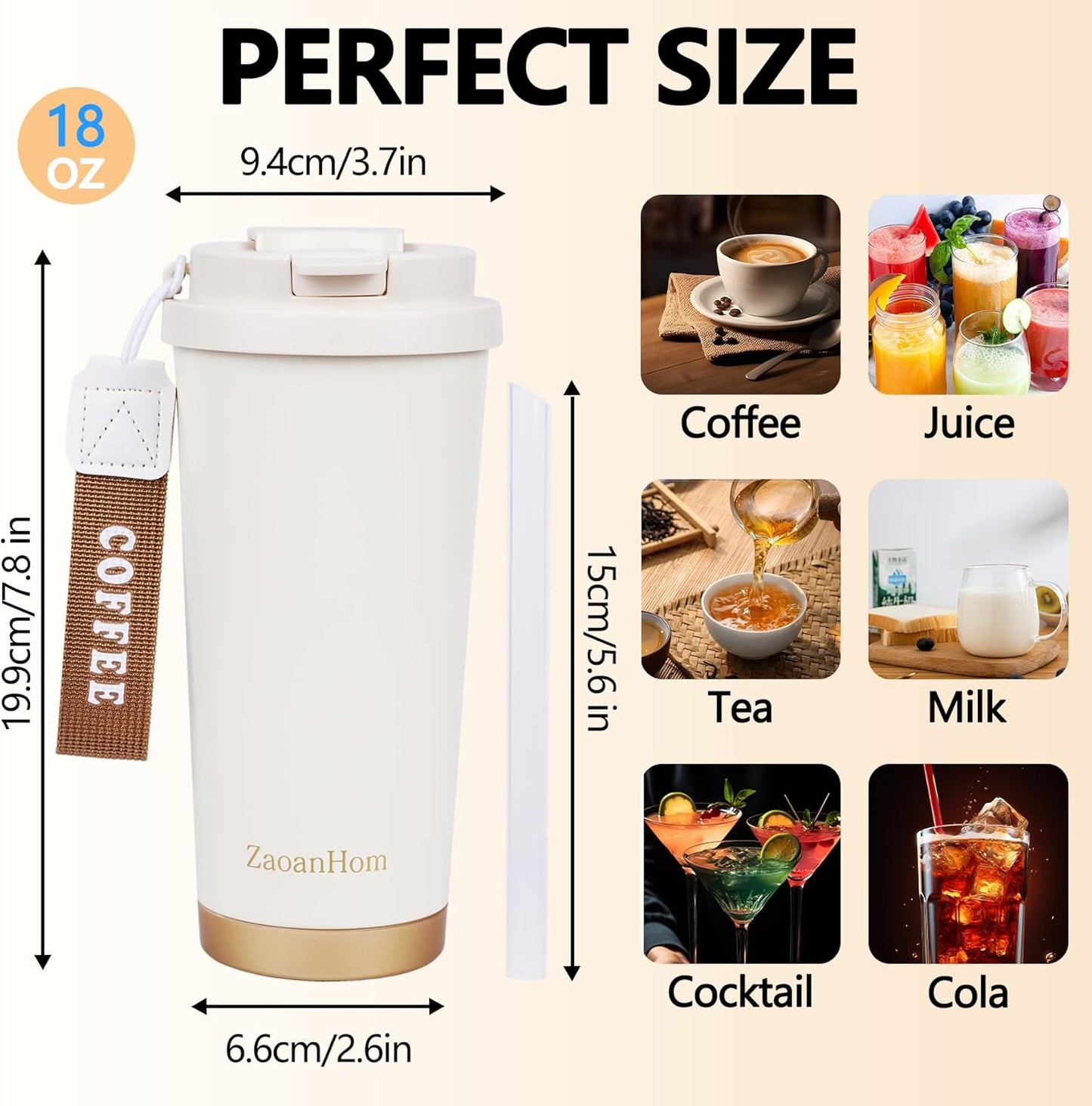 Insulated Coffee Mug with Ceramic Coating, 18 oz Ceramic Lined Travel Coffee Mug with Leakproof Lid, Double Wall Stainless Steel Hot ＆ Cold Drinking Cup for Office Camping Travel, White
