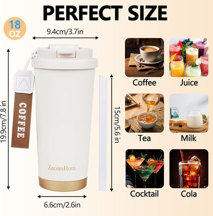 Insulated Coffee Mug with Ceramic Coating, 18 oz Ceramic Lined Travel Coffee Mug with Leakproof Lid, Double Wall Stainless Steel Hot ＆ Cold Drinking Cup for Office Camping Travel, White