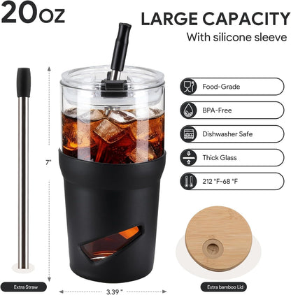Glass Tumbler with Lids and Straws, 20 oz Iced Coffee Cup and Smoothie Cup with Bamboo Lid and On the go Lid,Glass Cups With Straws