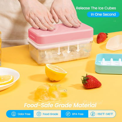 Ice Cube Tray with Lid and Bin, PHINOX 56 pcs Ice Trays for Freezer, Ice Cube Trays for Freezer with 2 trays, Container, Lid & Ice Scoop, BPA Free
