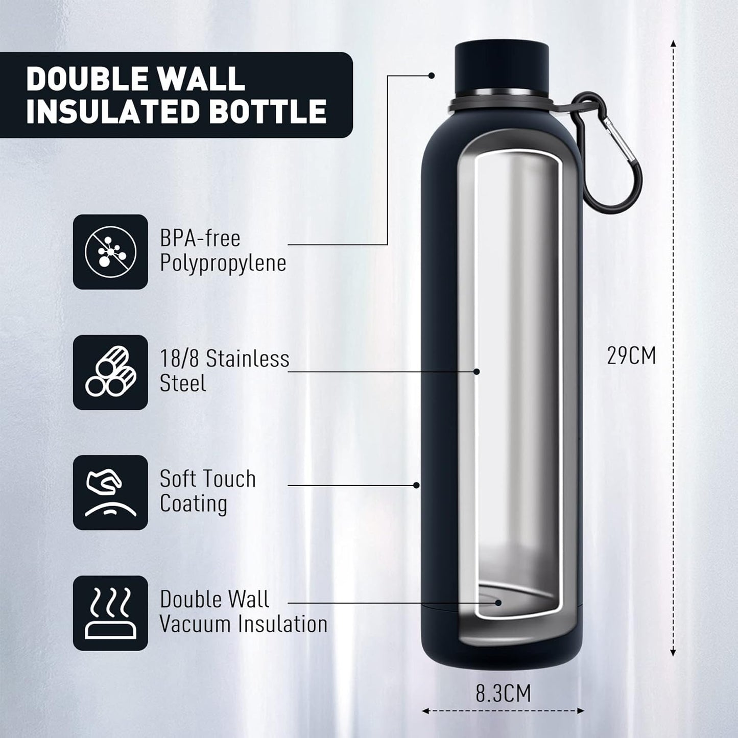 Exllena Slim Insulated Water Bottles for Travel 18oz with Clip, Double Wall Vacuum Stainless Steel Water Bottle Keeps Drinks Cold 24 Hrs/Hot 12 Hrs, 100% Leakproof, BPA Free(Black)