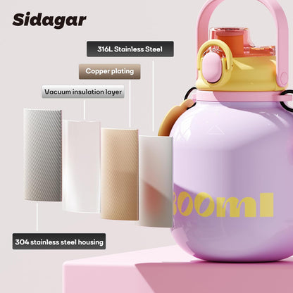 60 oz Big Gallon Water Bottle with Straw and Carry Handle, Black Wide Mouth Vacuum Water Jug, Insulated Stainless Steel Bottles; Heavy-Duty Aesthetic Yoga Flask for Women, Sweet & Cool Black