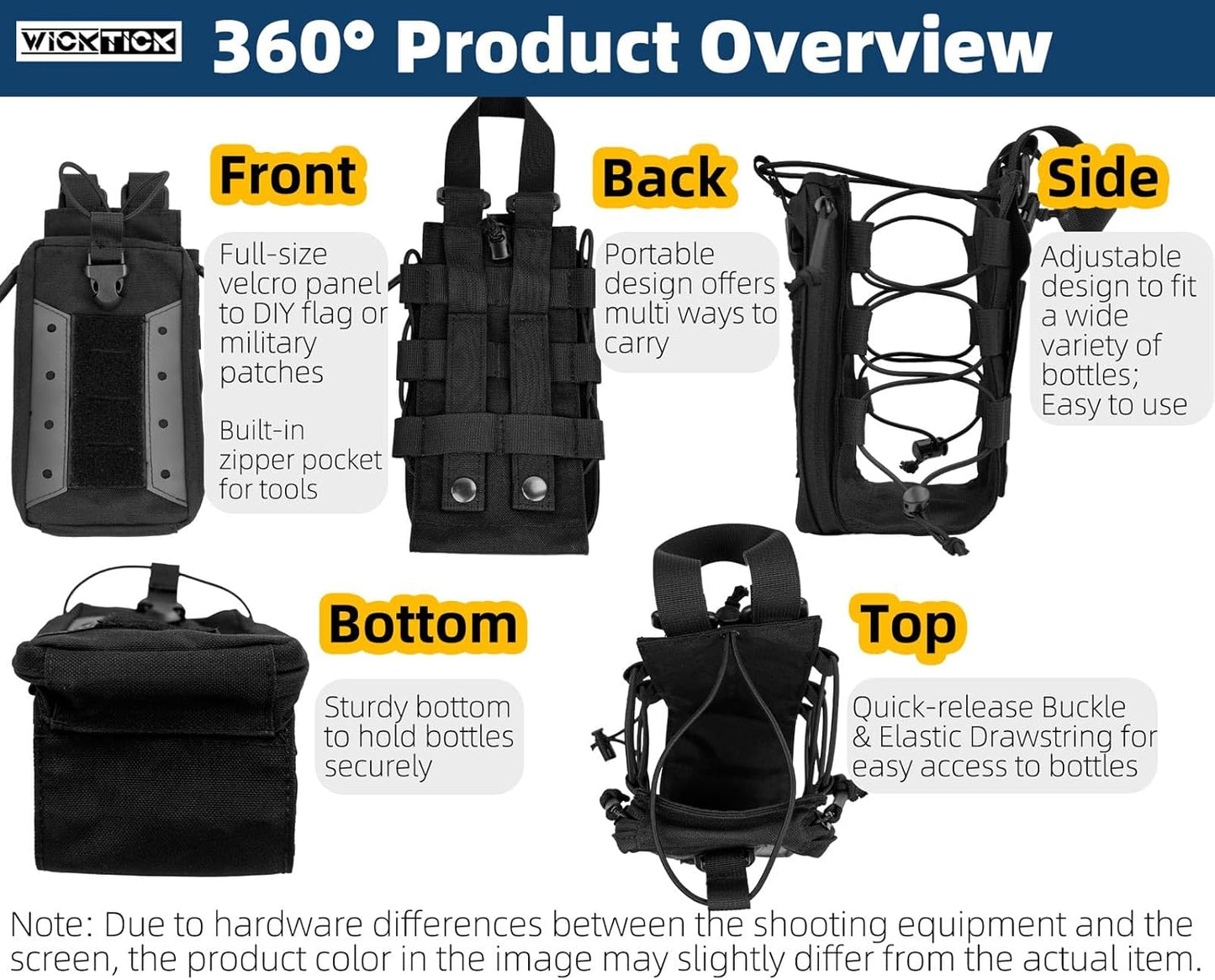 WICKTICK Molle Water Bottle Holder Pouch 16 24 32 40 64 oz - Multi-Purpose Tactical Fuel Bottle Bag, Adjustable Size for Outdoor Activities, Adapted to Backpack/Vest/Belt