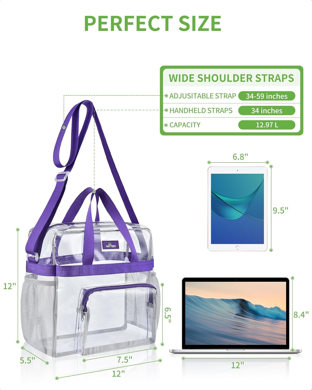 MAY TREE Clear Bag for Stadium Events, 12×5.5×12 Clear Tote Lunch Bag with Non-detachable Reinforced Straps for Work, Sporting Events and Gym, Black