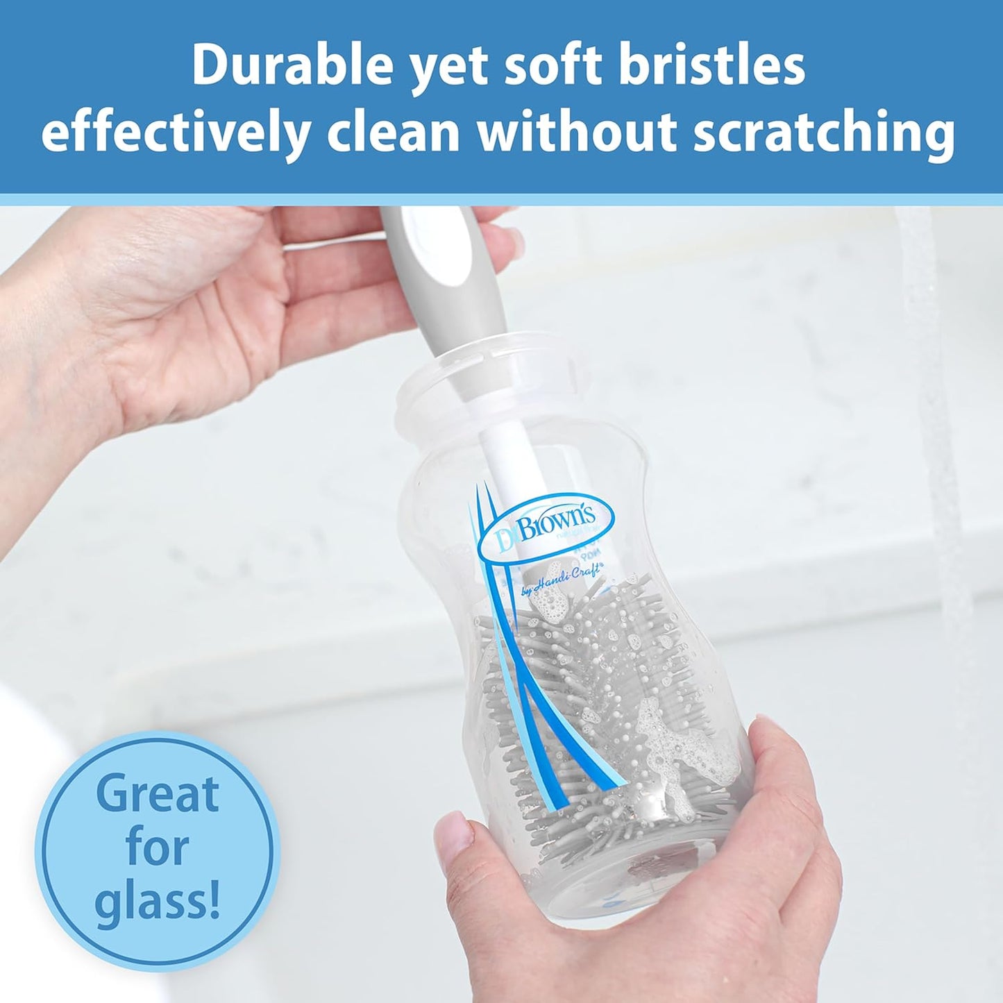 Dr. Brown's Soft Touch No Scratch Baby Bottle Cleaning Brush Nipple Cleaner with Stand and Storage Clip, BPA Free, Blue 1-Pack