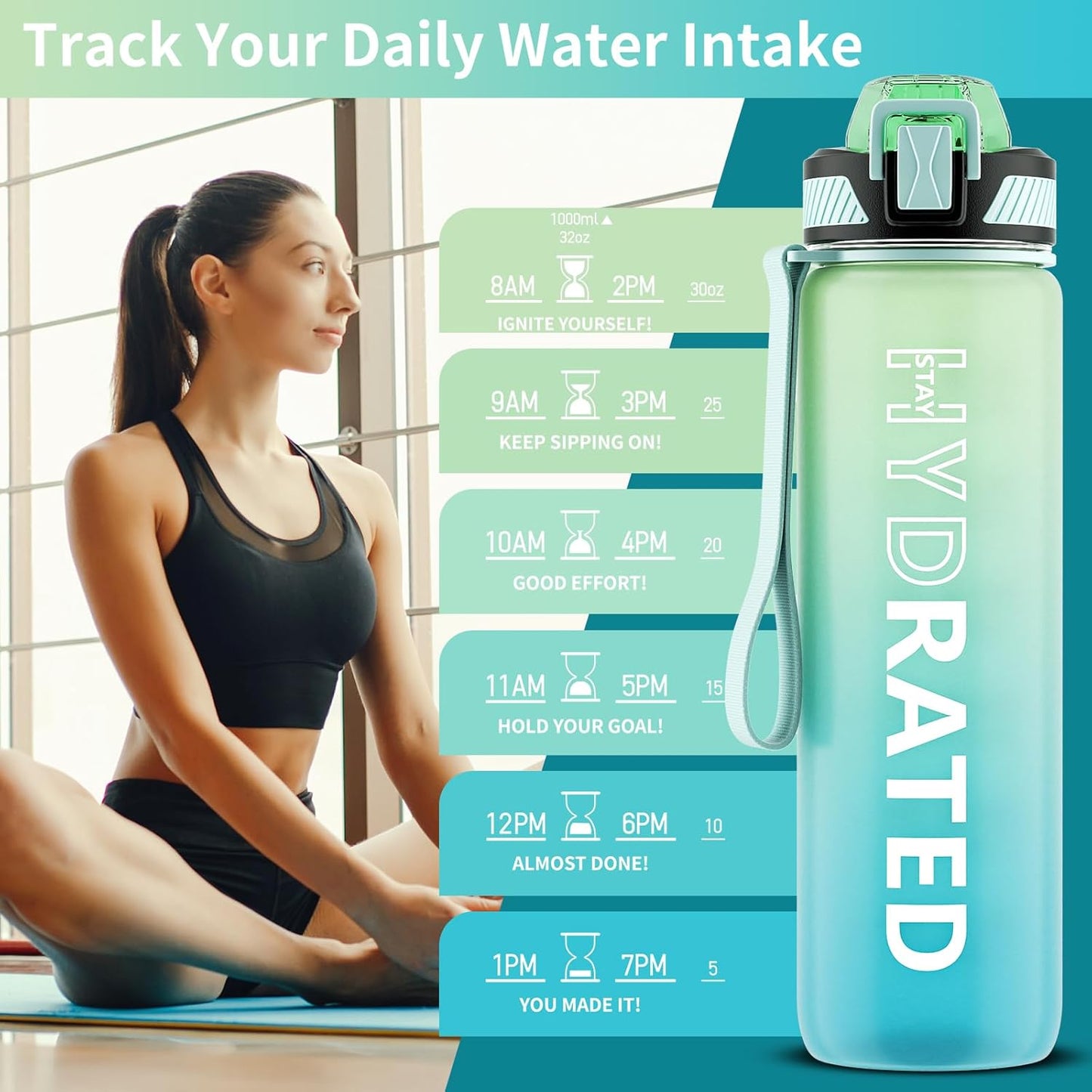 QLUR Water Bottle with Straw, 32oz Motivational Water Bottles with Time Marker to Drink, Tritan BPA Free, 1L Sports Water Bottle with Carry Strap LeakProof for Women Gym Fitness Outdoor (1 Pack)