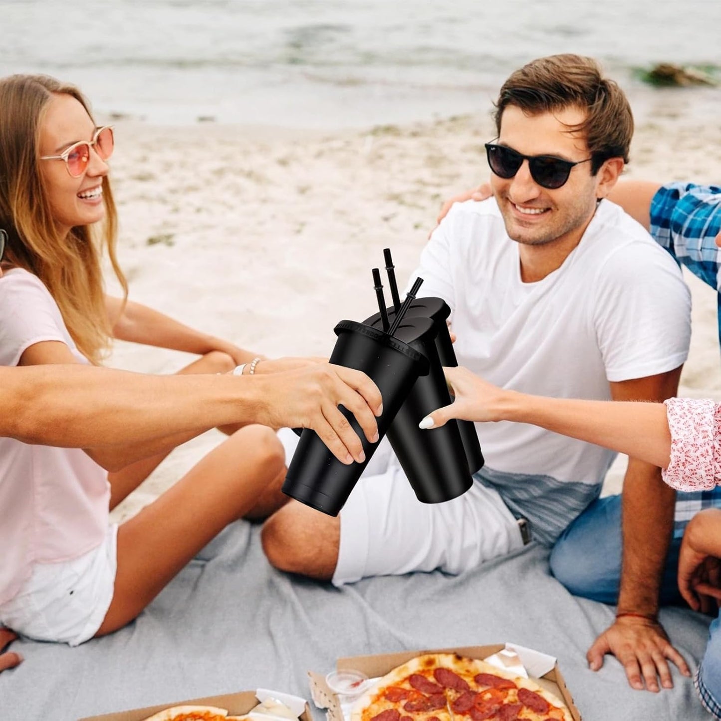 Hxezoc 16-Piece Reusable Cups with Lids and Straws, 24 oz Glitter Plastic Tumbler Iced Coffee Cups Travel Mug Cup for Smoothie Juices Beach or Bachelor Party (Black)