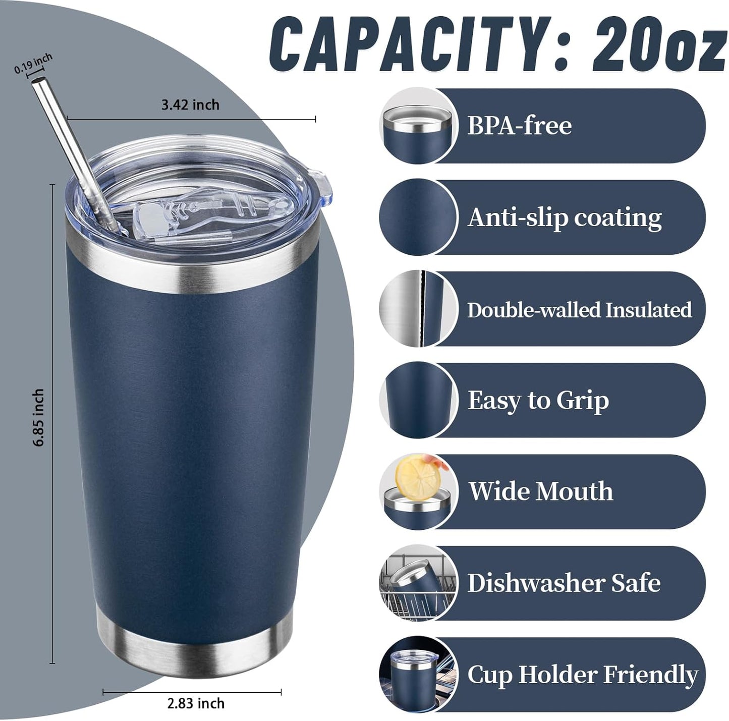 20 oz Tumbler with Lids and Straws, Stainless Steel Insulated Travel Coffee Mug, Double Wall Vacuum Insulated Tumblers, Powder Coated Coffee Tumbler for Cold & Hot Drinks (Light Purple)