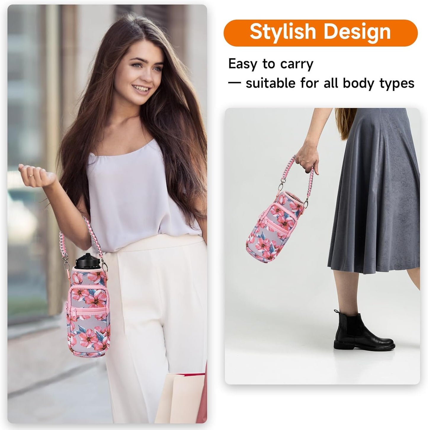 AceTreker 32/40/64/128 oz Neoprene Insulated Water Bottle Carrier Bag, Sling Bag Sleeve Pouch Holder with Strap & Paracord Handle and 2 Pocket for Travelling, Hiking, Camping