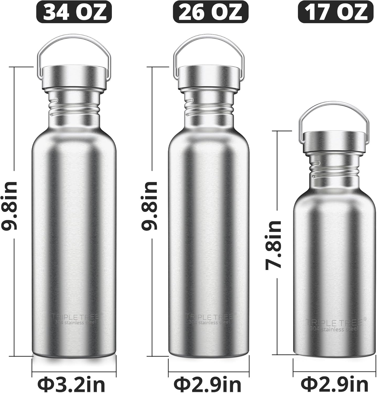TRIPLE TREE 34 OZ Uninsulated Single Walled Stainless Steel Sports Water Bottle 18/8 Food Grade for Cyclists, Runners, Hikers, Beach Goers, Picnics, Camping - BPA Free