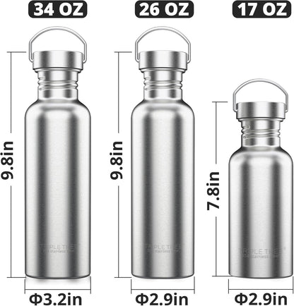 TRIPLE TREE 34 OZ Uninsulated Single Walled Stainless Steel Sports Water Bottle 18/8 Food Grade for Cyclists, Runners, Hikers, Beach Goers, Picnics, Camping - BPA Free