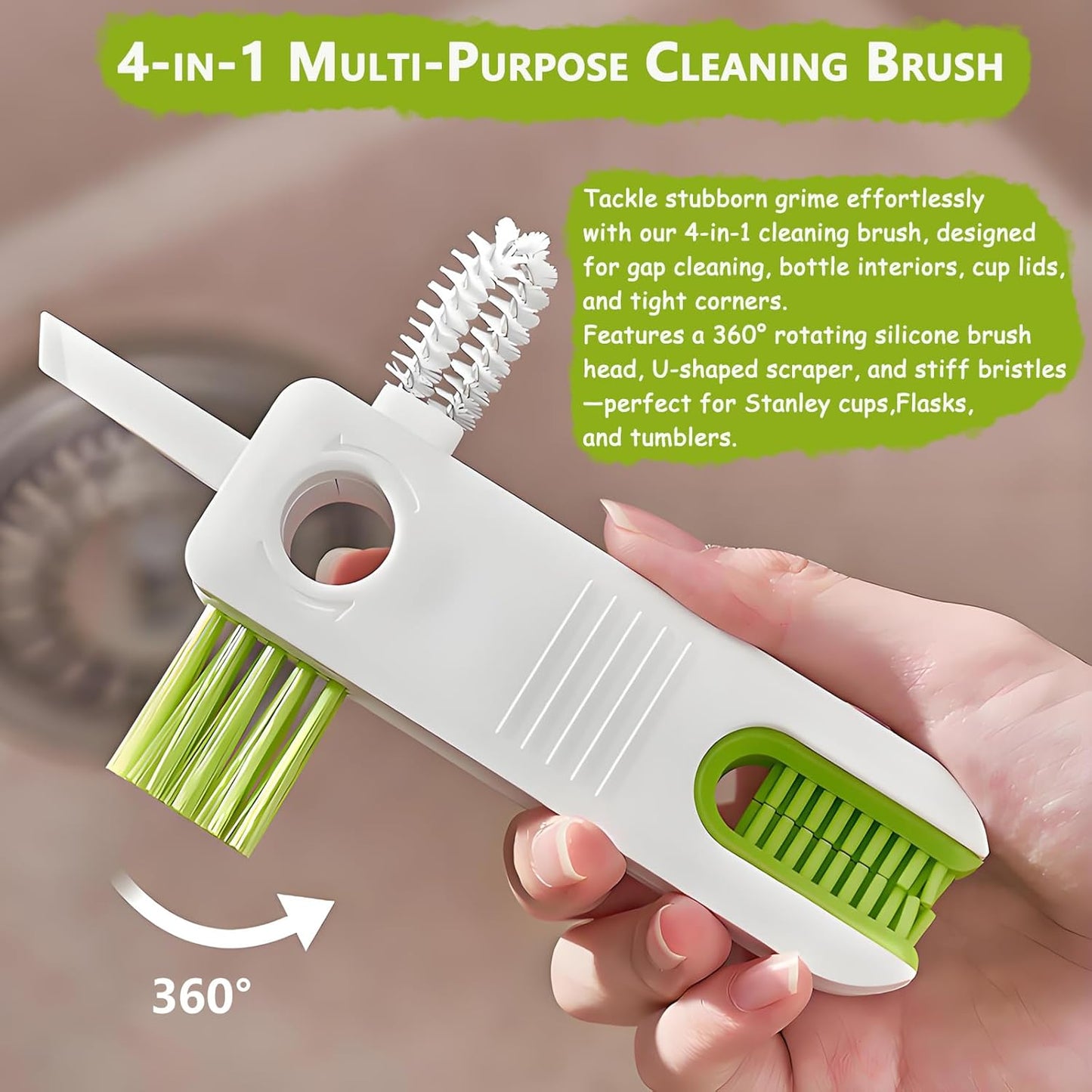 4-in-1 Cup Lid Cleaning Brush – Universal Tumbler Insulated Bottle Brush, 360° Rotating Head with Seal Ring Remover for Wide-Mouth Tumblers