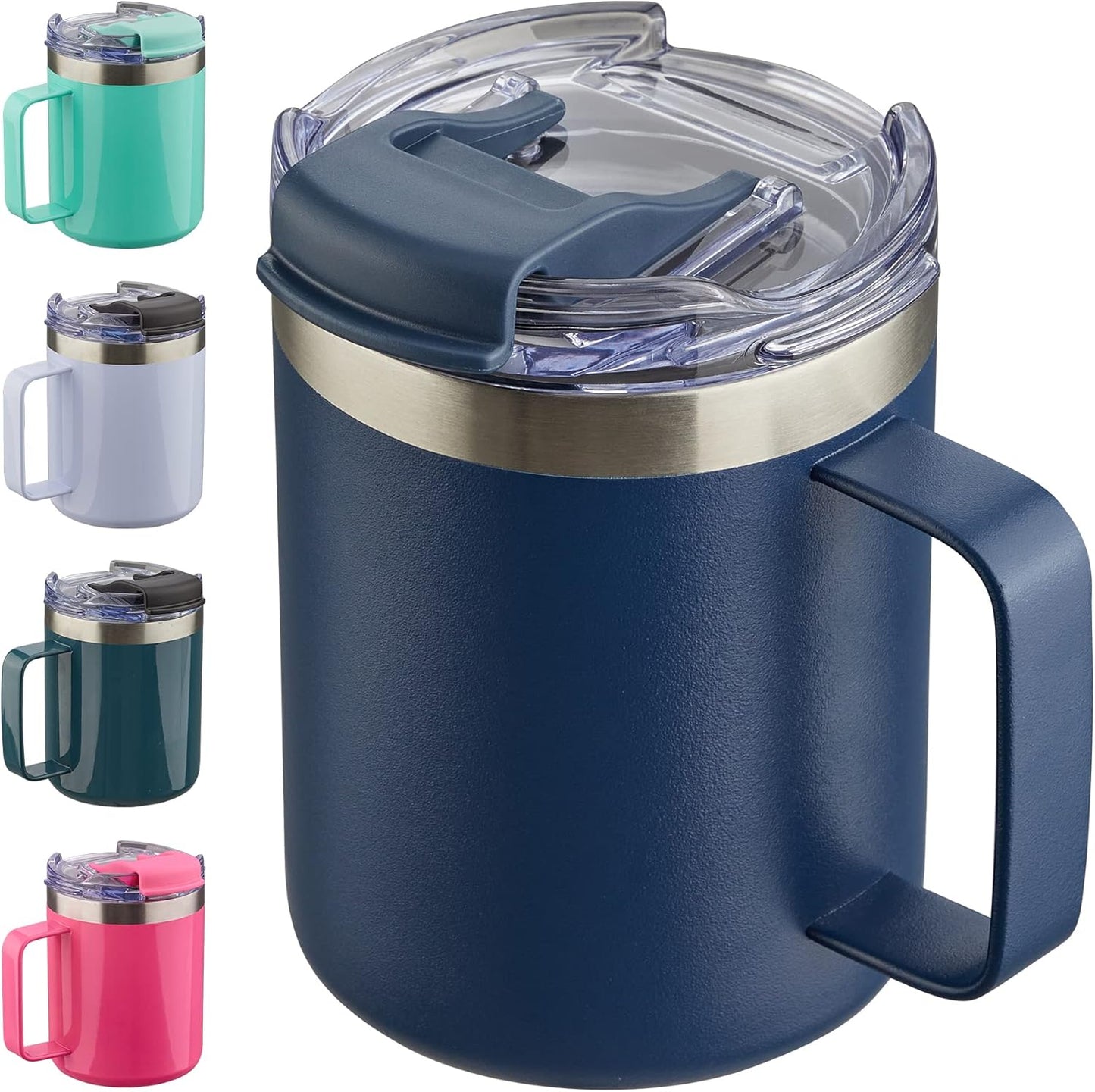 12oz Insulated Coffee Mug Cup with Handle, Stainless Steel Travel Coffee Mug with Flip Lid, Double Wall Vacuum Coffee Tumbler, Navy
