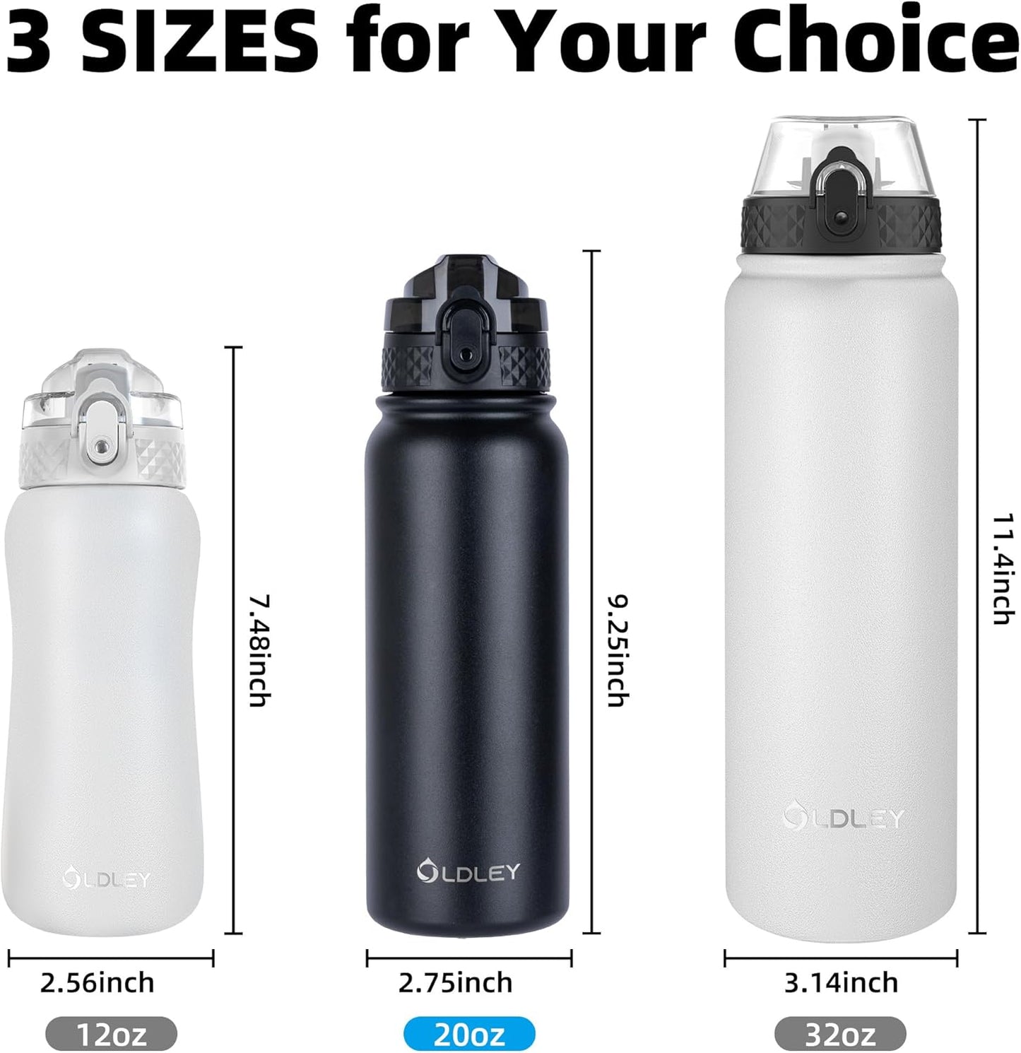 Oldley Insulated Water Bottle 20oz for Adults Kids Stainless Steel Water Bottles with Straw/Chug/Carabiner 3 Lids Fruit Strainer Double Wall Vacuum Wide Mouth BPA Free Leak-Proof for School Travel