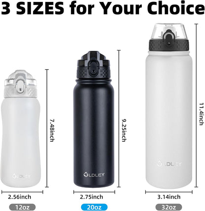 Oldley Insulated Water Bottle 20oz for Adults Kids Stainless Steel Water Bottles with Straw/Chug/Carabiner 3 Lids Fruit Strainer Double Wall Vacuum Wide Mouth BPA Free Leak-Proof for School Travel