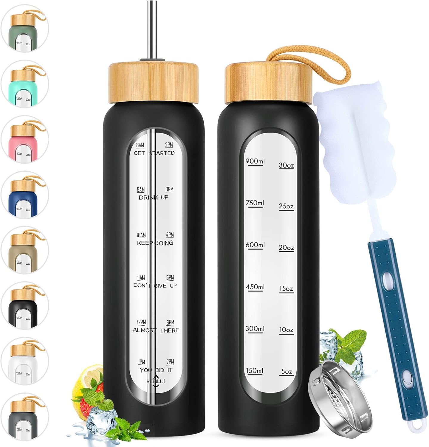 SipZest 32 oz Glass Water Bottle with Straw - Motivational Time Marker & Silicone Sleeve - Reusable Tumbler Includes 2 Bamboo Lids & Fruit Infuser - 1 Pack