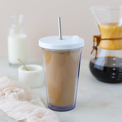 Reusable Iced Coffee Cup 16 Oz, Leakproof Iced Coffee Tumbler, Clear Plastic Tumbler with Lid and Straw, Double Wall Insulated, BPA-Free, No Sweat, for Hot and Cold Drinks