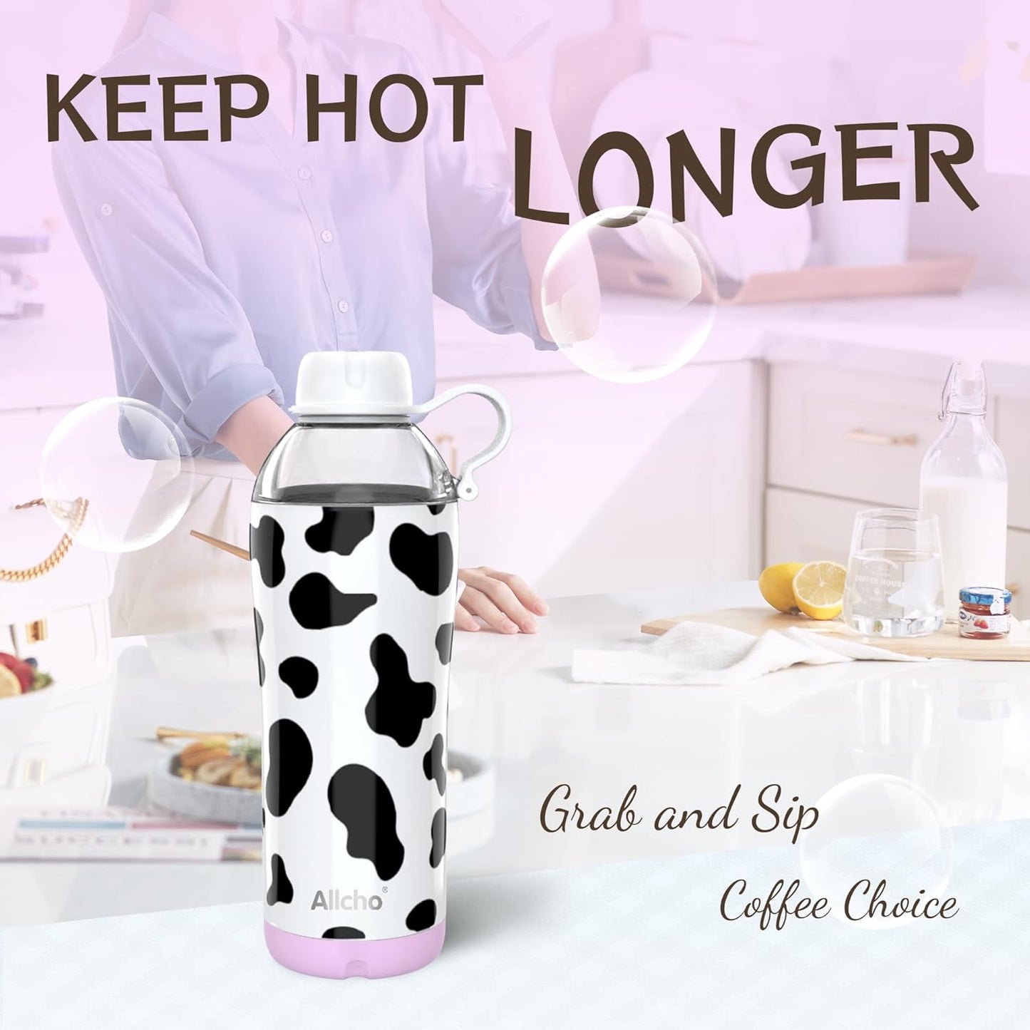 Allcho Insulated Water Bottle for Women, 18oz Stainless Steel Leak Proof Tumbler with 2 Lids, BPA-Free Tritan Chug & Straw Lid, Double Wall Vacuum Flask