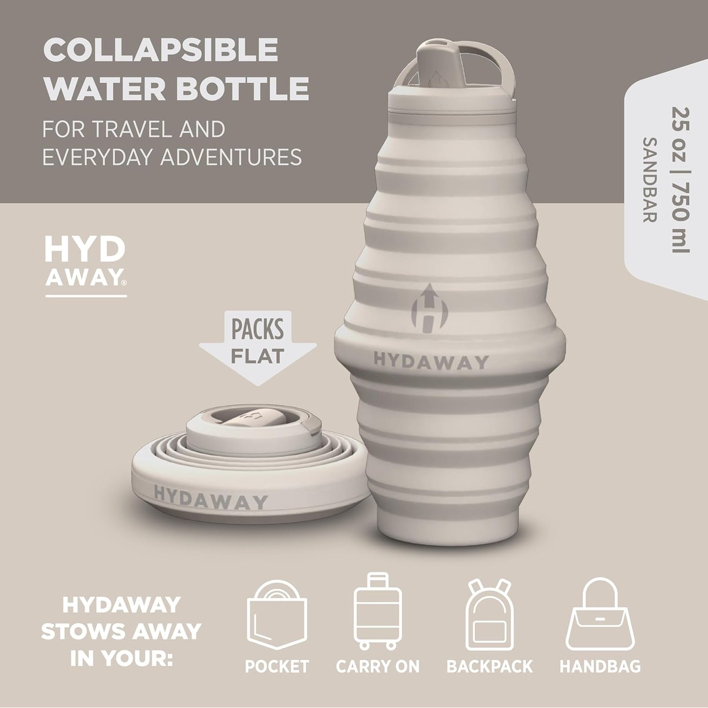 HYDAWAY 25oz Collapsible Travel Water Bottle - BPA-Free, Leakproof, Lightweight, Space-Saving - Perfect for Hiking, Travel, and All-Day Hydration
