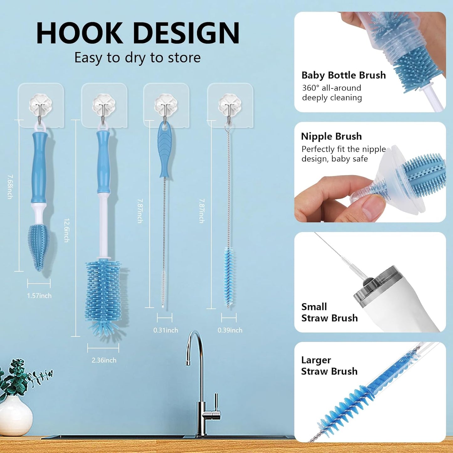Silicone Cleaning Brush Kit – Household Cleaning Brushes for Bottles and Crevices – Food-Grade Silicone: Dishwasher Safe