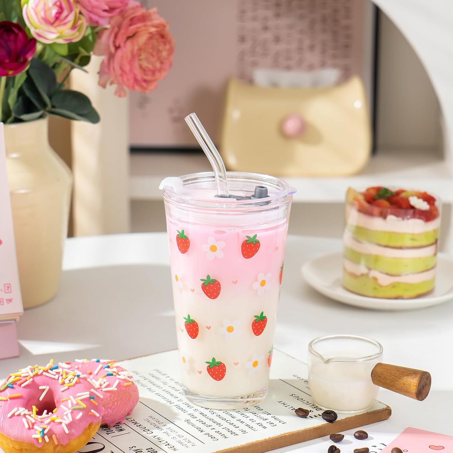 Olvini 15oz Glass Tumbler with Straw and Lid, Cute Iced Coffee Cups, Aesthetic Glass Cups, Coffee Tumbler, Water Cup, Matcha Cup, Drinking Glasses (Clear)