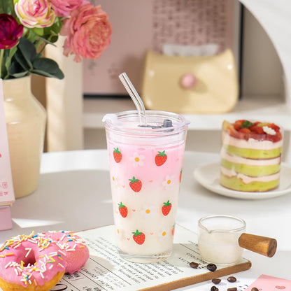 Olvini 15oz Glass Tumbler with Straw and Lid, Cute Iced Coffee Cups, Aesthetic Glass Cups, Coffee Tumbler, Water Cup, Matcha Cup, Drinking Glasses (Clear)