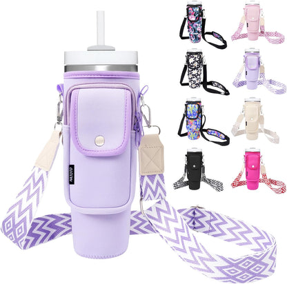 Water Bottle Holder with Strap for Stanley Cup 40/30oz, Insulated Neoprene Stanley Cup Holder with Strap for Tumbler with Handle Stanley Carrier Bag Cross-body Bag for Walking