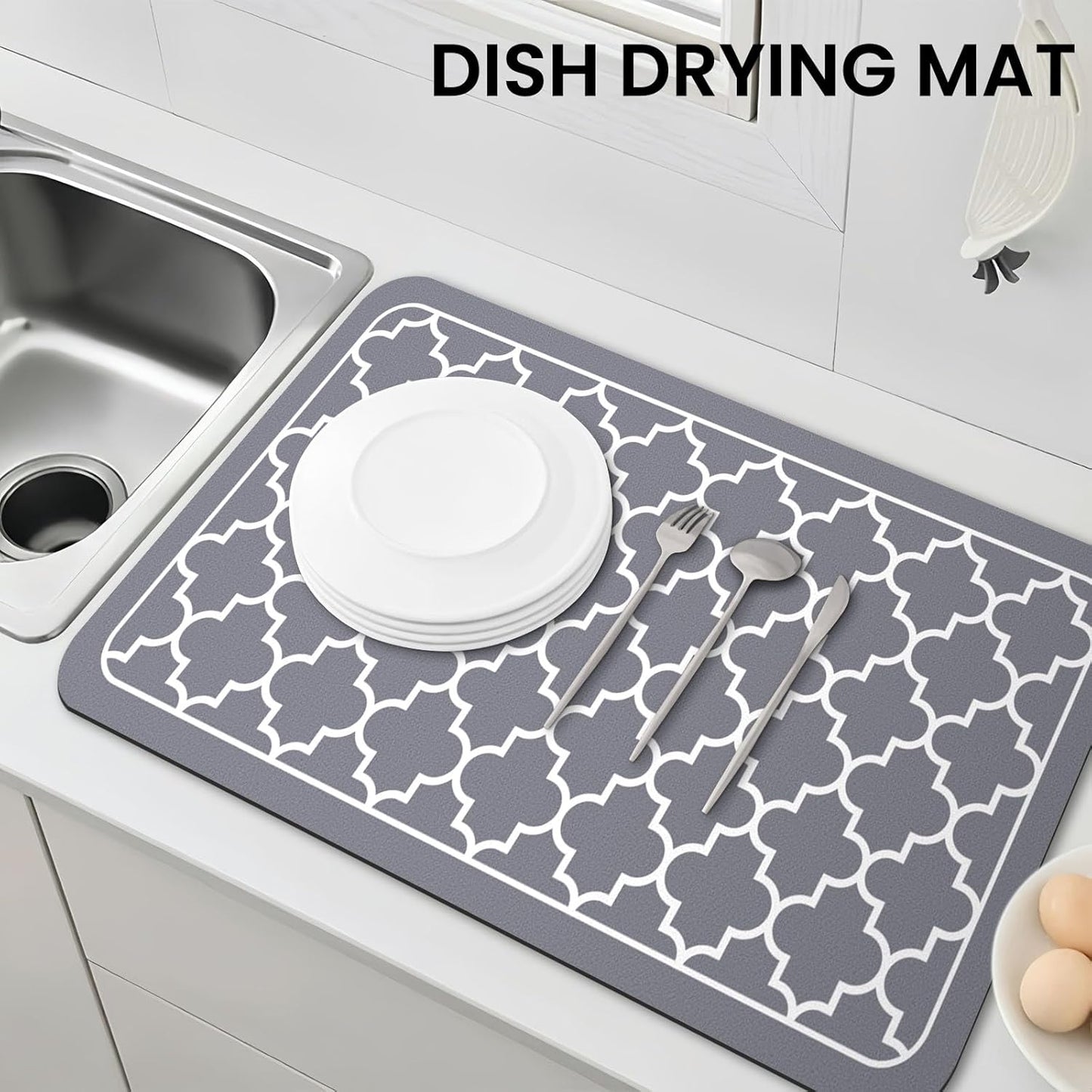 WISELIFE Dish Drying Mat Super Absorbent Drying Mat Large Dish Drying Mats for Kitchen Counter Easy Clean Dish Mat Kitchen Drying Mat15"x 18" Stylish Grey