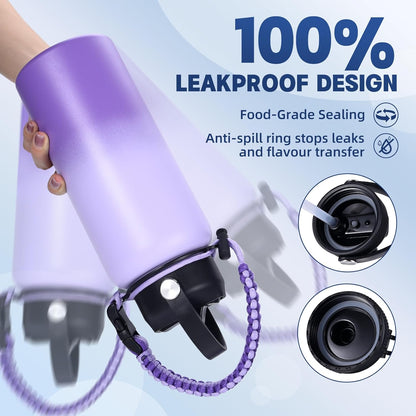 Insulated Water Bottle, 32 oz Stainless Steel Wide Mouth Water Bottles with 2 Leak Proof Lid and Paracord Handle, Double Wall Vacuum Insulated Sports Water Bottle, Purple Black