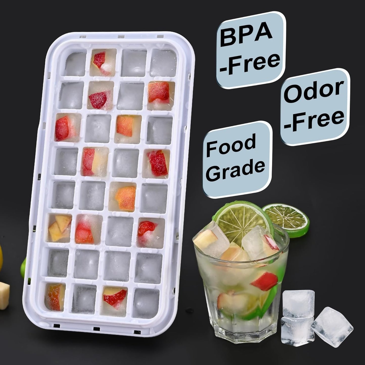 Ice Trays for Freezer with Lid & Bin, Ice Cube Tray Making 64 pcs Ice Cubes, Easy Press to Release Ice, Ice Tray with Storage Bin Chilling Cocktail Whiskey Coffee 2 Trays 1 Ice Bucket & Scoop (Black)