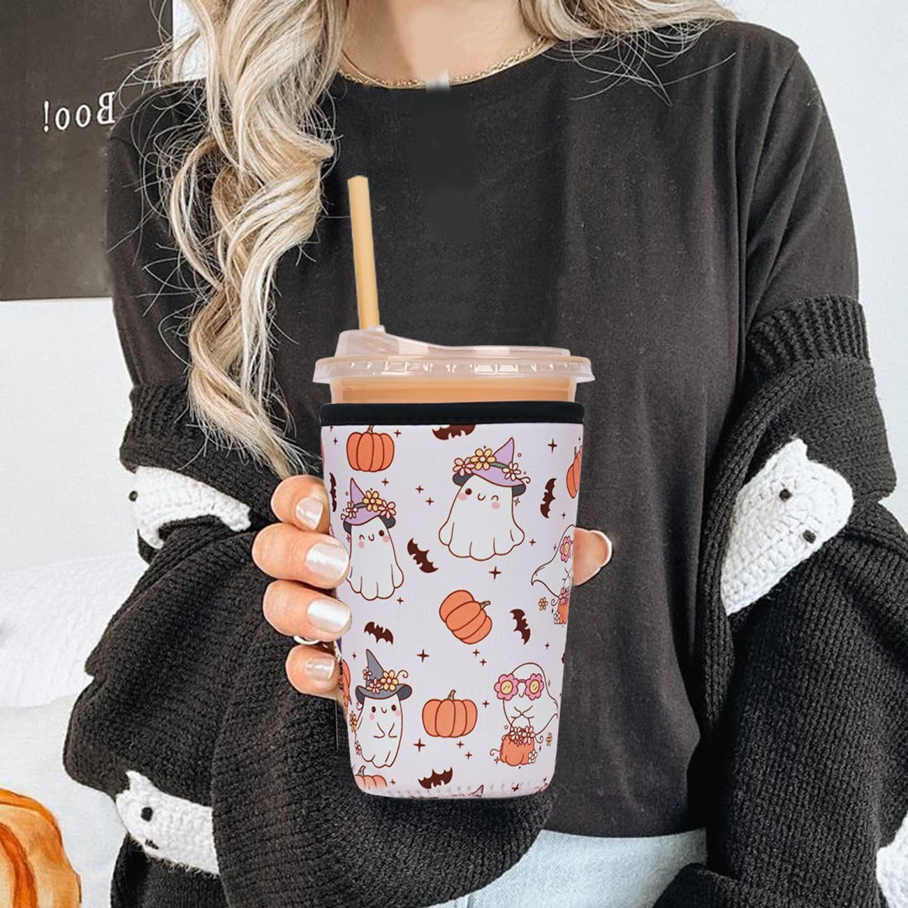 Reusable Insulated Neoprene Iced Coffee Cup Sleeve, Durable Drink Sleeve for Cold Beverages, Beverage Holder for Iced Coffee, Floral Checkers