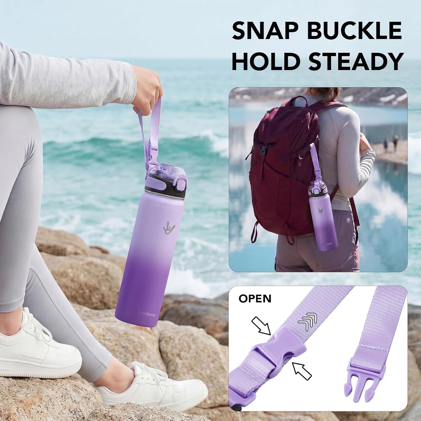 Enerbone 24 oz Insulated Water Bottle, Stainless Steel Bottle with Carrying Strap, Double-Wall Vacuum Insulation Design, Leakproof Sports Bottle with Straw, Keep Drinks Cold or Hot for Hours