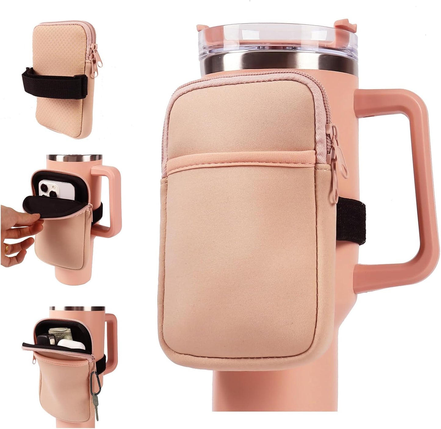 LMYUHONG Water Bottle Pouch For Stanley cup accessories 40oz 20oz 30oz,tumbler pouch with Versatile Pocket, for Cards, Keys,Earphone. Fits for Phones, Use for Running, Walking, Hiking,Biking,DeepPink
