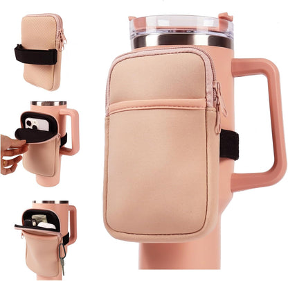 LMYUHONG Water Bottle Pouch For Stanley cup accessories 40oz 20oz 30oz,tumbler pouch with Versatile Pocket, for Cards, Keys,Earphone. Fits for Phones, Use for Running, Walking, Hiking,Biking,DeepPink