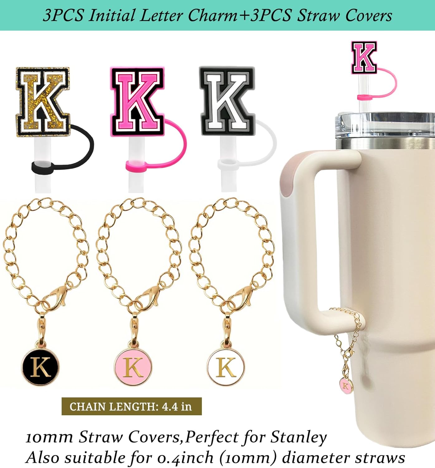 （3 +3) 3PCS Nuozme Straw Cover 10mm For Stanley Tumbler Cup Reusable Straw Cap Topper with 3 Initial Letter Charms Accessories Name ID Personalized Handle Charm For Stanley 30&40 Oz Cup Tumbler - Colors A