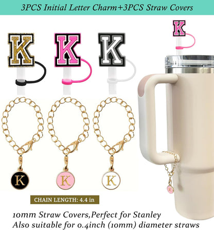 （3 +3) 3PCS Nuozme Straw Cover 10mm For Stanley Tumbler Cup Reusable Straw Cap Topper with 3 Initial Letter Charms Accessories Name ID Personalized Handle Charm For Stanley 30&40 Oz Cup Tumbler - Colors A