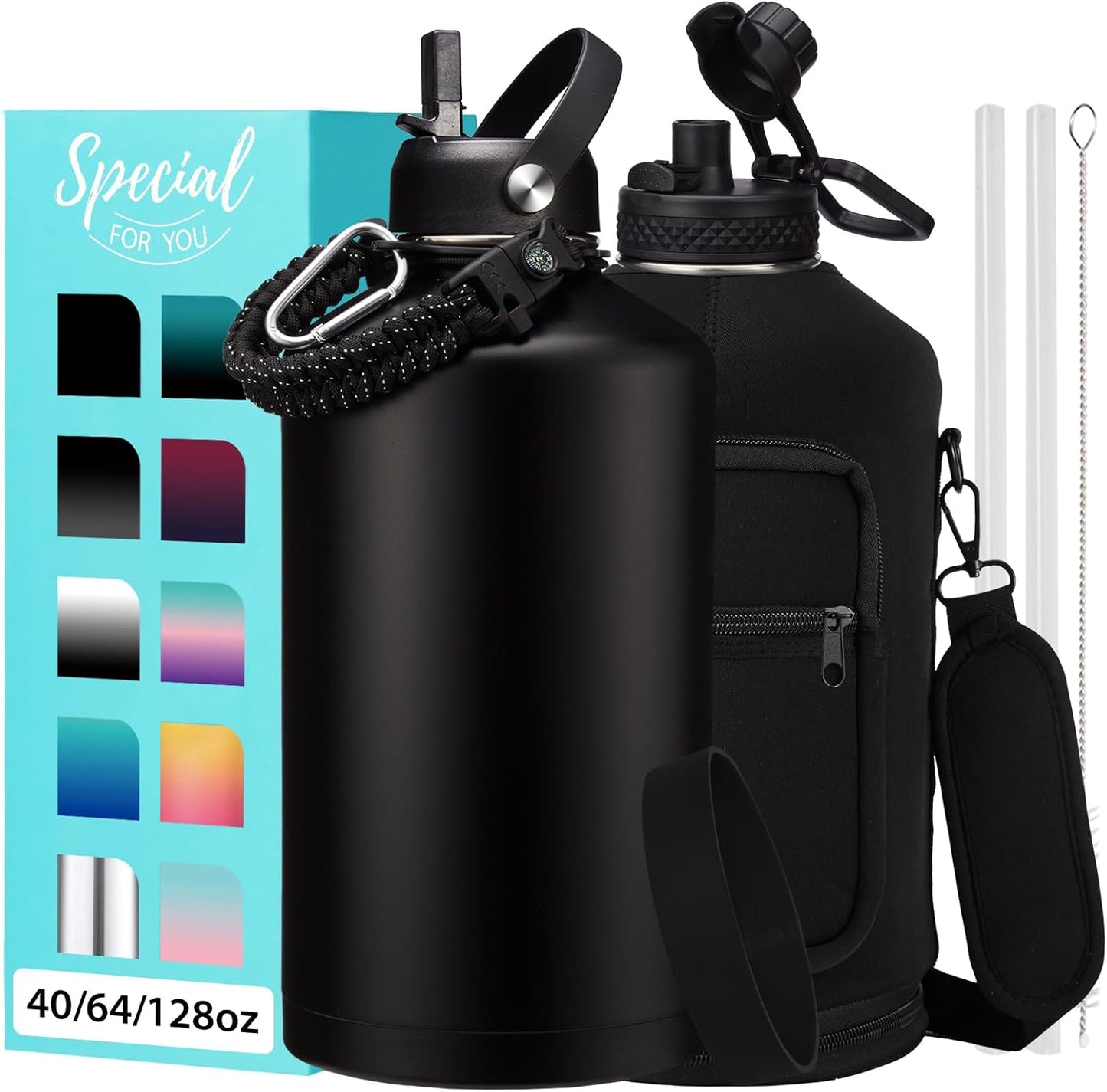 32/40/64OZ Insulated Water Bottle - Keep Cold 48H Hot 24H, Combo Straw/Spout Lids, Paracord Handle for Gym/Hiking, Carrier Bag +Strap, Cup Mat, BPA-Free Stainless Steel Flask Jug