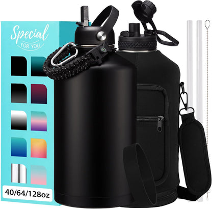 32/40/64OZ Insulated Water Bottle - Keep Cold 48H Hot 24H, Combo Straw/Spout Lids, Paracord Handle for Gym/Hiking, Carrier Bag +Strap, Cup Mat, BPA-Free Stainless Steel Flask Jug