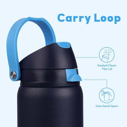 24 oz Stainless Steel Water Bottle with 2-in-1 Quick Flip Straw and Push Button Spout Lid, Fits Car Cupholder, Triple Walled Vacuum Insulated Metal Leakproof, for Gym, Hiking, Trip, Black