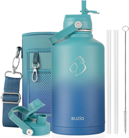 BUZIO 40oz Insulated Water Bottle, Triple Wall Vacuum Stainless Steel Water Flask with 2 lids, Lead-Free BPA-Free Straw Lid Sports Canteen Jug, Cold 48H & Hot 24H- Black - Colors B