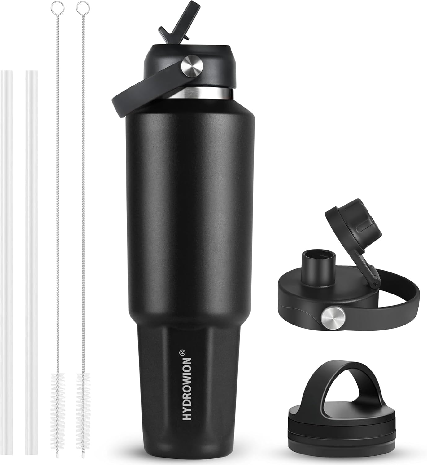 HYDROWION 32oz Stainless Steel Water Bottle(Cold for 48 Hrs, Hot for 24 Hrs),Double Wall Vacuum Insulated Water Bottle with Straw Lid, Spout Lid and Flex Cap, Fit in Any Car Cup Holder,Black