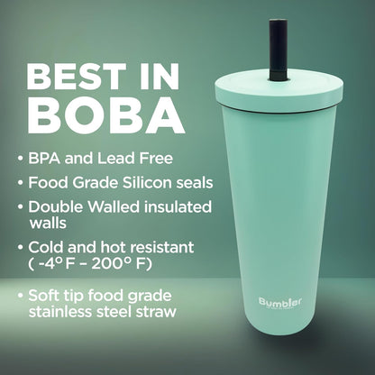 Bumbler Original Boba Tea Cup - 24oz Double-Walled Plastic Reusable Tumbler with Extra Wide Straw & Leak-Proof Lid - BPA-Free Smoothie & Iced Coffee Travel Mug - Blush Pink