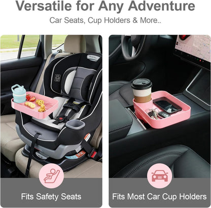 Car Seat Snack Tray for Toddlers - 3 Inch Cup Holder Fits Most Sippy Cups & Straw Bottles with Dip Well, Mess-Free Square Kids Travel Tray Road Trip Essentials, Black