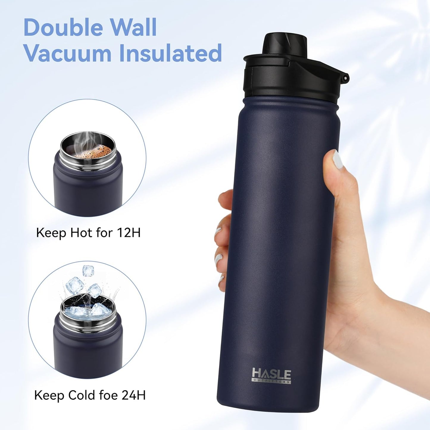 HASLE OUTFITTERS 32 oz Insulated Water Bottle Stainless Steel Double Walled Vacuum Sports Water Bottle with 2 Lids (Straw and Spout Lid) for Gym Camping Hiking(Black,1)