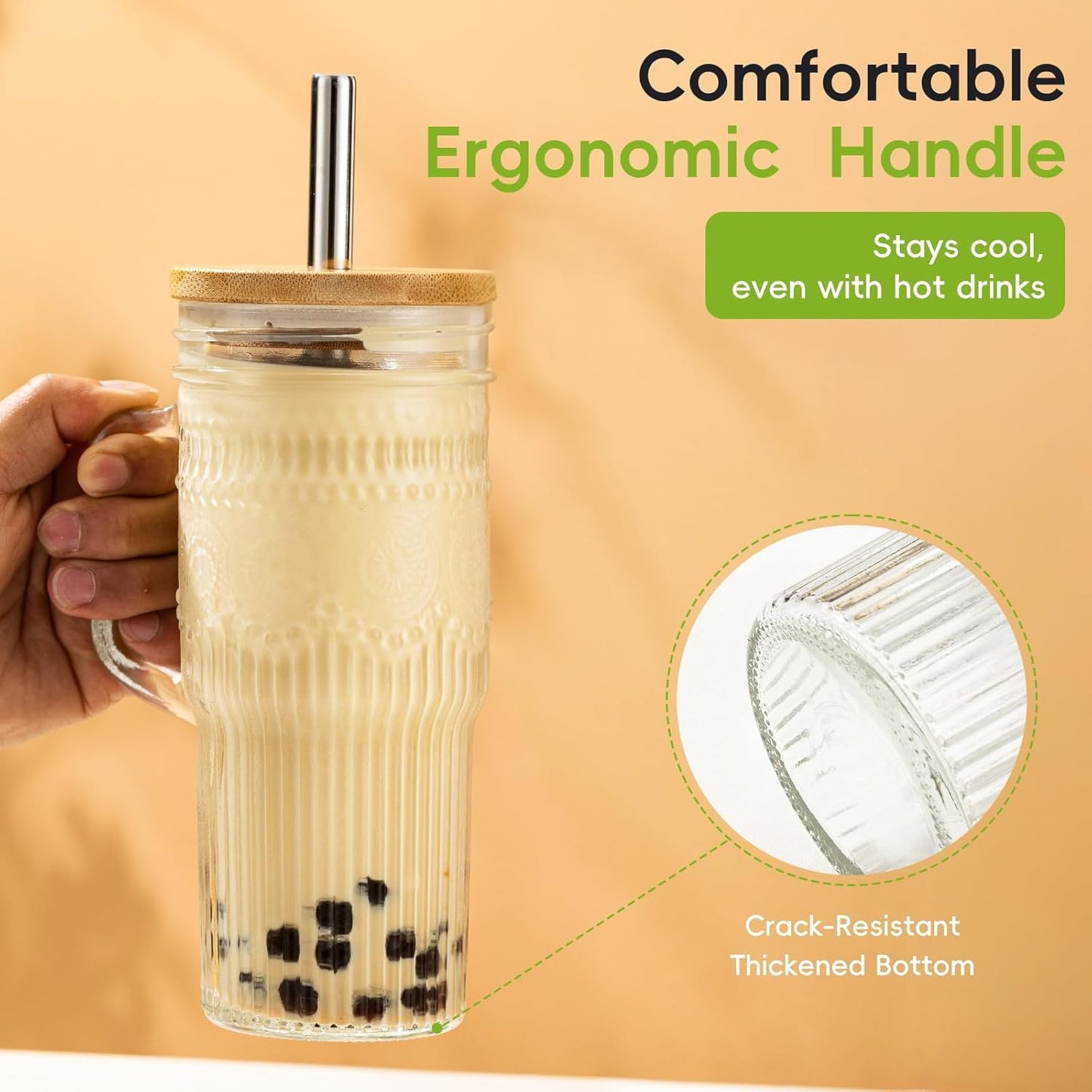 JunVpic Glass Cups with Lids and Straws,24oz Glass Tumbler with Handle Iced Coffee Cup for Coffee,Juice,Tea,Milk,Smoothie,Hot & Cold Drinks (Pink)