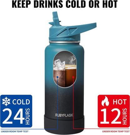 RUBYFLASK 32oz Insulated Water Bottle with Straw, Stainless Steel Metal Vacuum Water Flask, Large Thermal Water bottle with Leakproof 3 Lids for Travel, Camping, Gym Sports Indigo Black