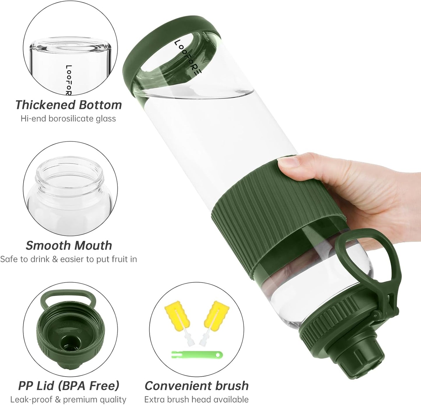 32 oz Glass Water Bottle with Straw and Handle, Large Sports Water Tumbler with 2 Lids, Leak-proof BPA Free Water Jug Canteen with Silicone Sleeve for Gym Sports Outdoor, 1 Pack